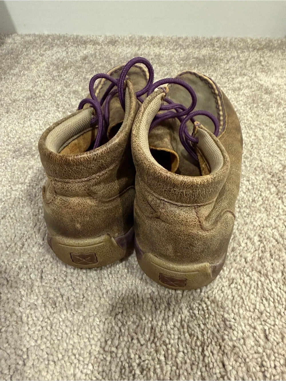 Twisted X Tan Suede Kids Moccasin Shoes with Purple Laces